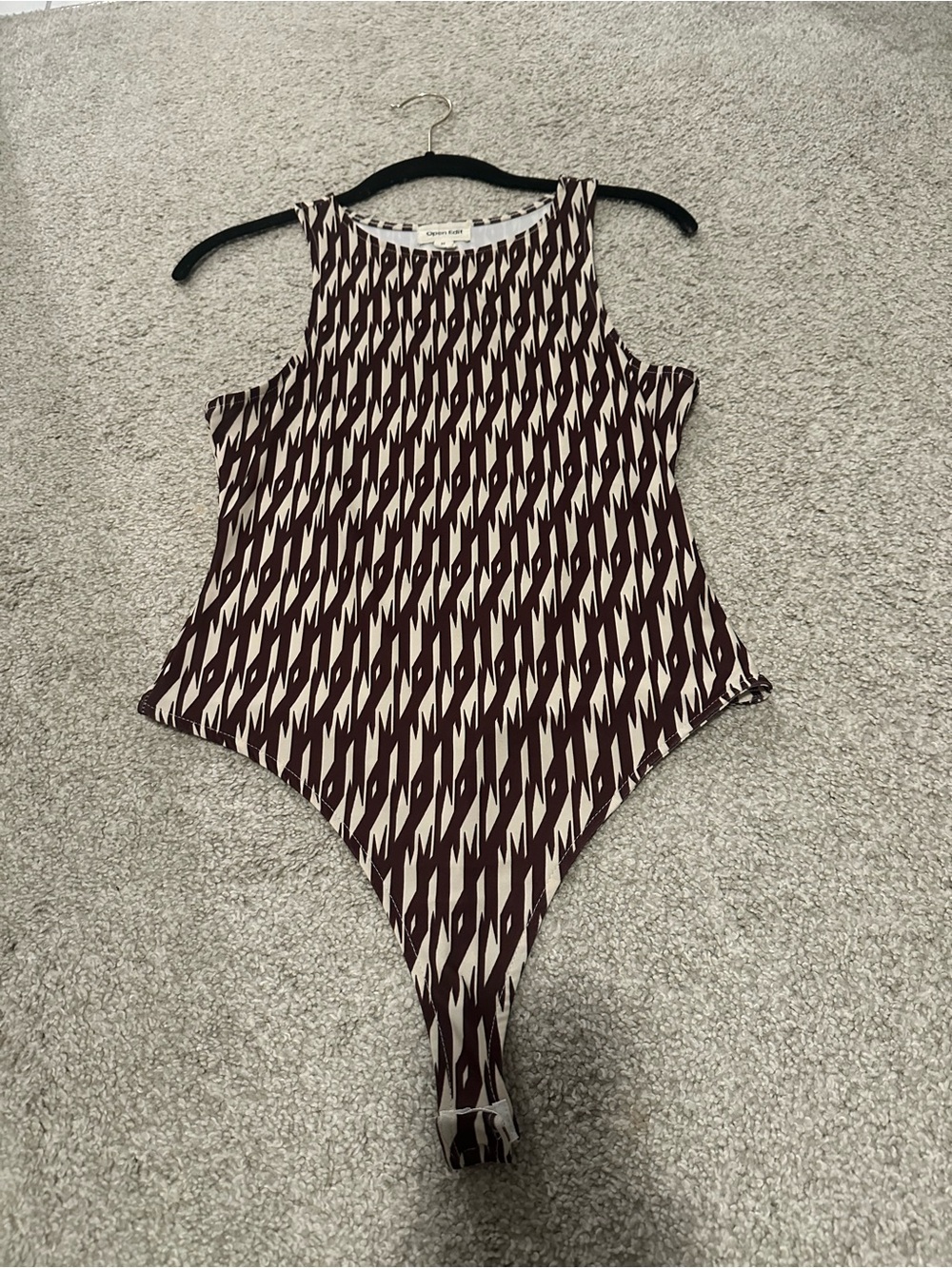 Open Edit Geometric Print Bodysuit in Brown and Cream